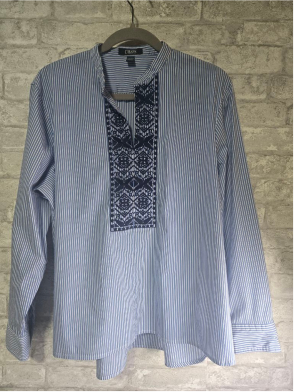 Clearenace Sale Chaps Petite Blue & White Striped Embroidered Blouse XLP